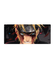Naruto and Sasuke anime mouse pad 28x12 inches with Leaf headband, red splatter, and shadow art.