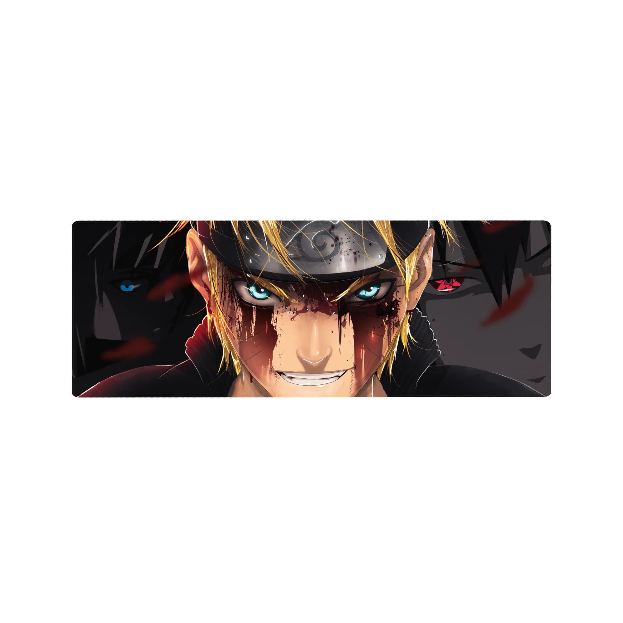 32x12 inches anime mouse pad with Naruto and Sasuke face-off, Leaf headband, red splatter backdrop.