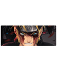 32x12 inches anime mouse pad with Naruto and Sasuke face-off, Leaf headband, red splatter backdrop.