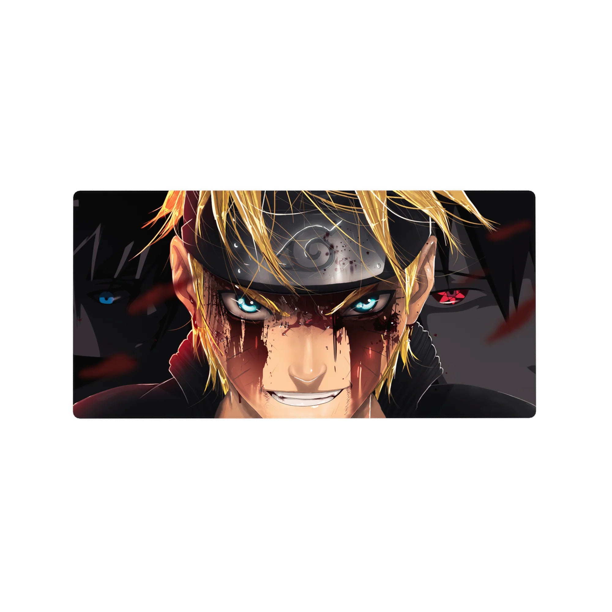 Naruto and Sasuke showdown anime mouse pad with Leaf headband and dramatic shadows, 32x16 inches.