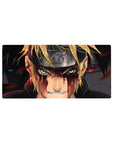 Naruto and Sasuke showdown anime mouse pad with Leaf headband and dramatic shadows, 32x16 inches.
