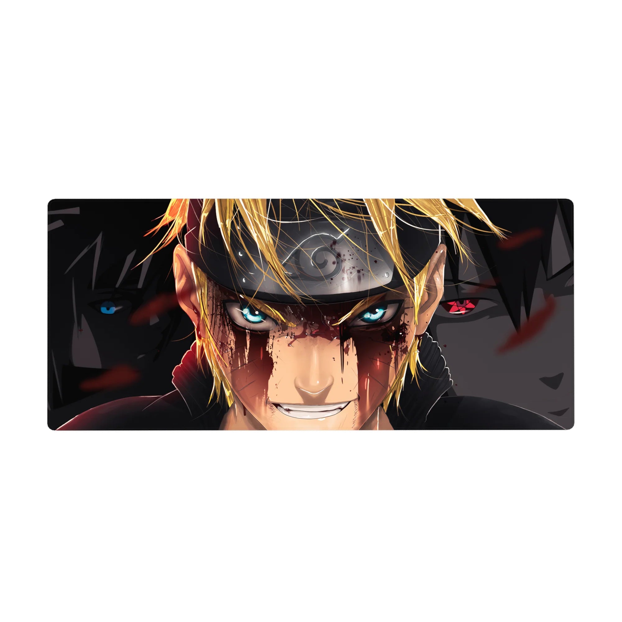 Naruto and Sasuke anime desk pad 36x16 inches with Leaf headband, red splatter, and bold shadows.