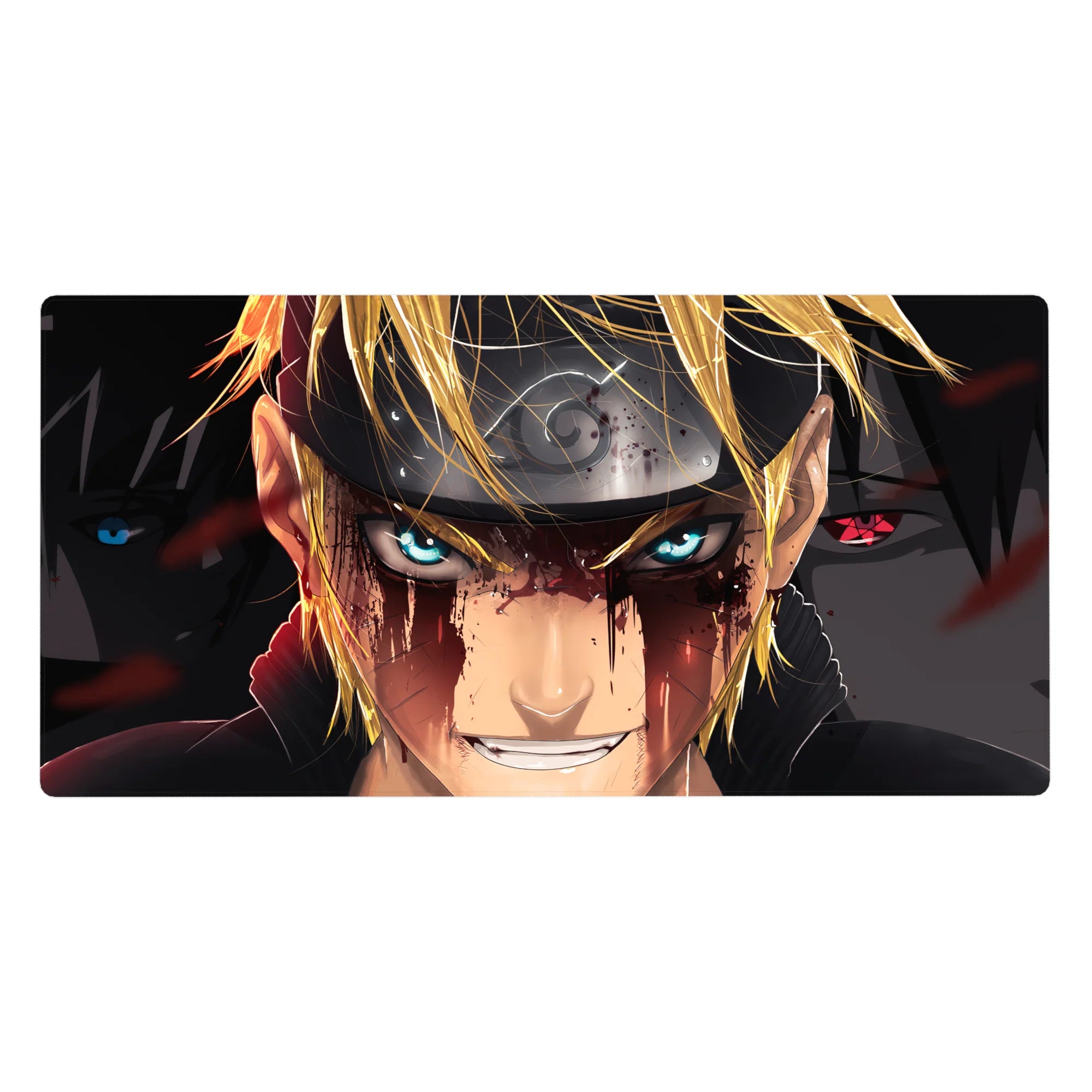 Naruto and Sasuke anime desk pad 40x20 inches with Leaf headband, splatter effects, and shadows.