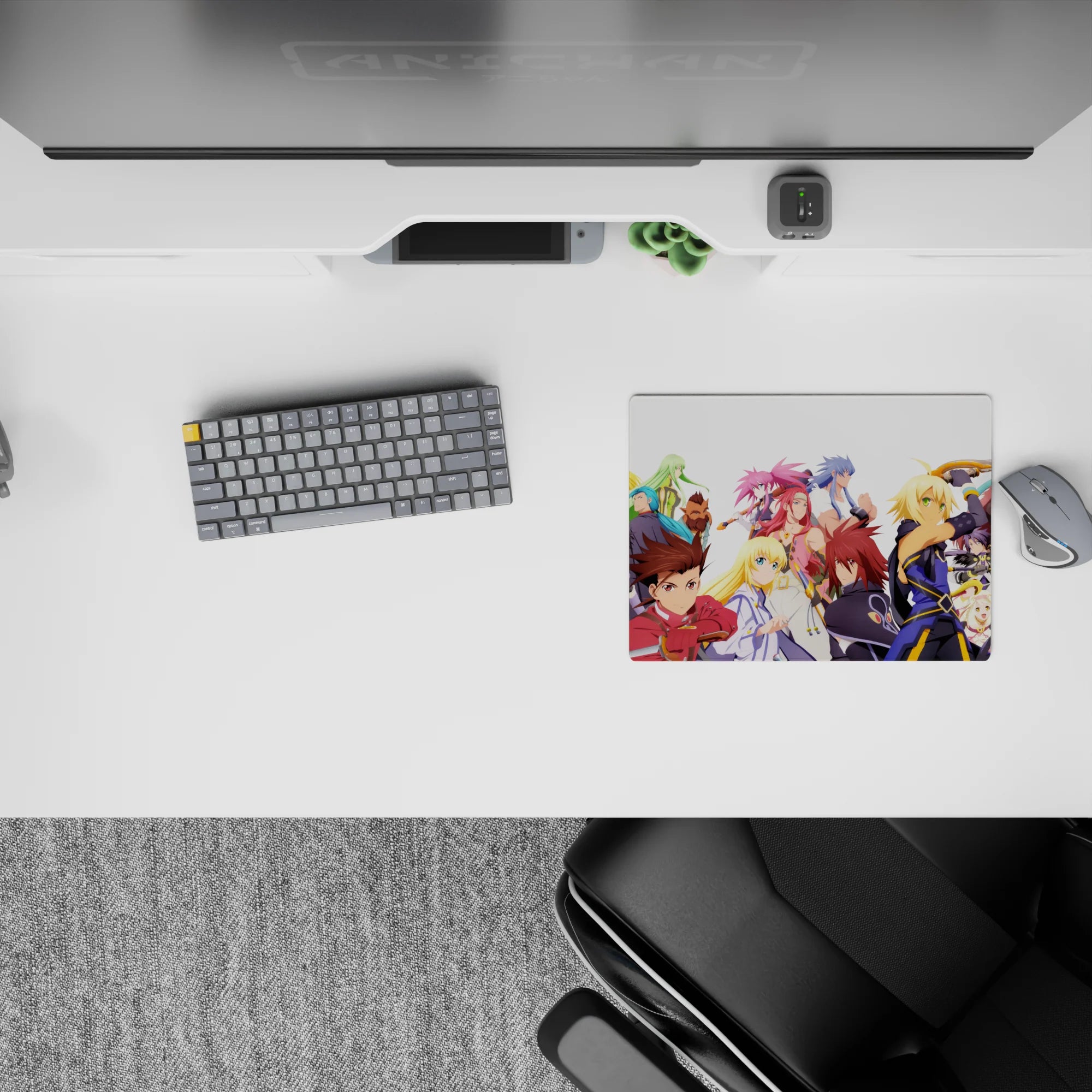 Crisp white, deep navy, and bright gold classic anime mouse pad with bold, energetic vibe, 14x10 inches.