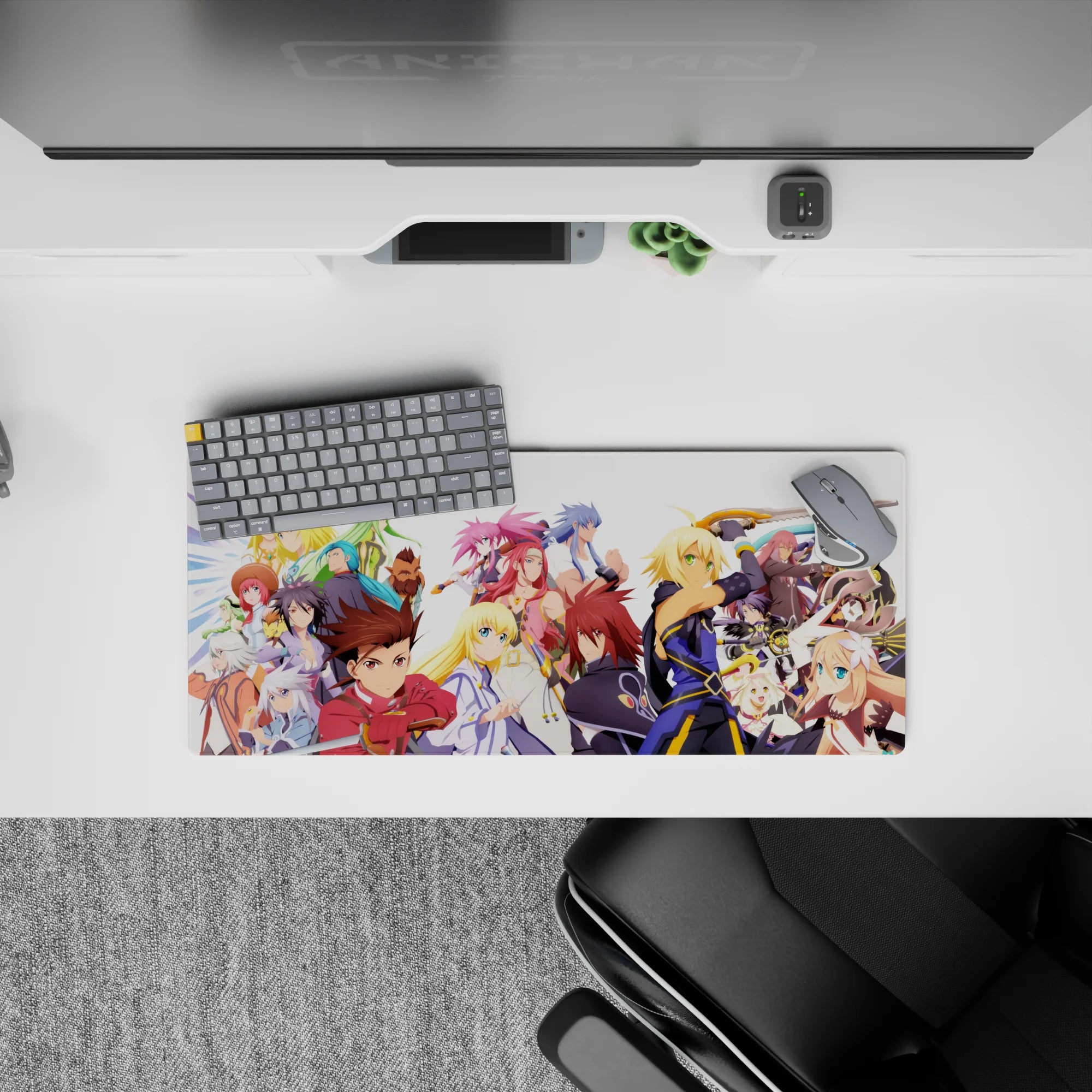 Anime mouse pad 28x12 inches in crisp whites, deep navy, and bright gold accents for a bold vibe.