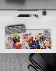 Anime mouse pad 28x12 inches in crisp whites, deep navy, and bright gold accents for a bold vibe.