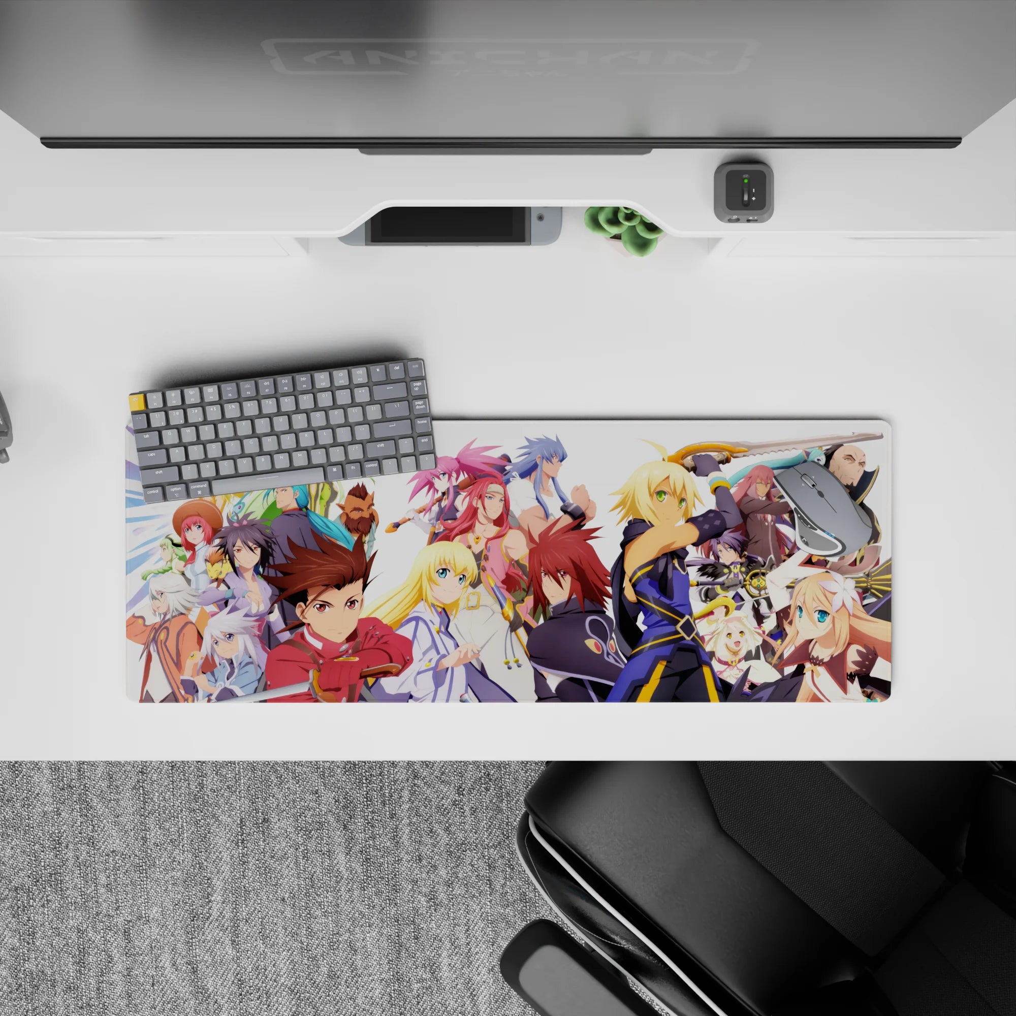 32x12 inches anime mouse pad in crisp white, deep navy, and bright gold accents with bold poster energy.