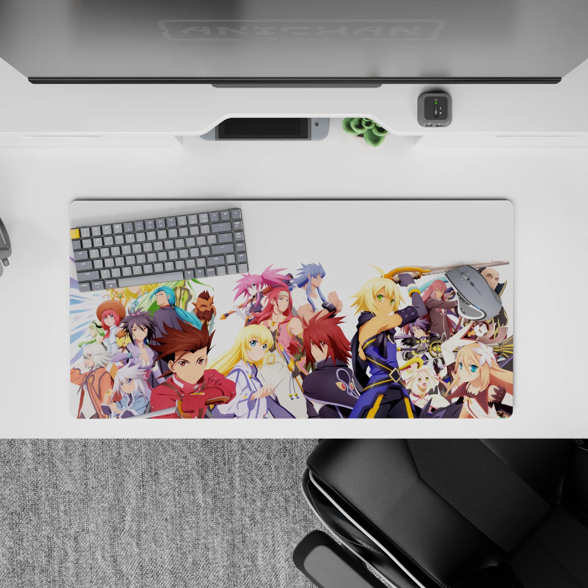 Anime mouse pad 32x16 inches in crisp whites, deep navy, and bright gold accents with a bold heroic vibe.