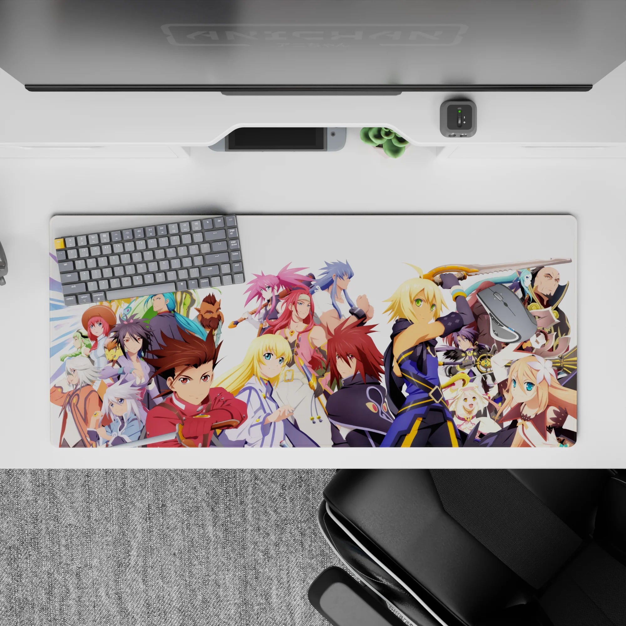 36x16 inches anime mouse pad in crisp white, deep navy, and bright gold accents with bold, lively energy.