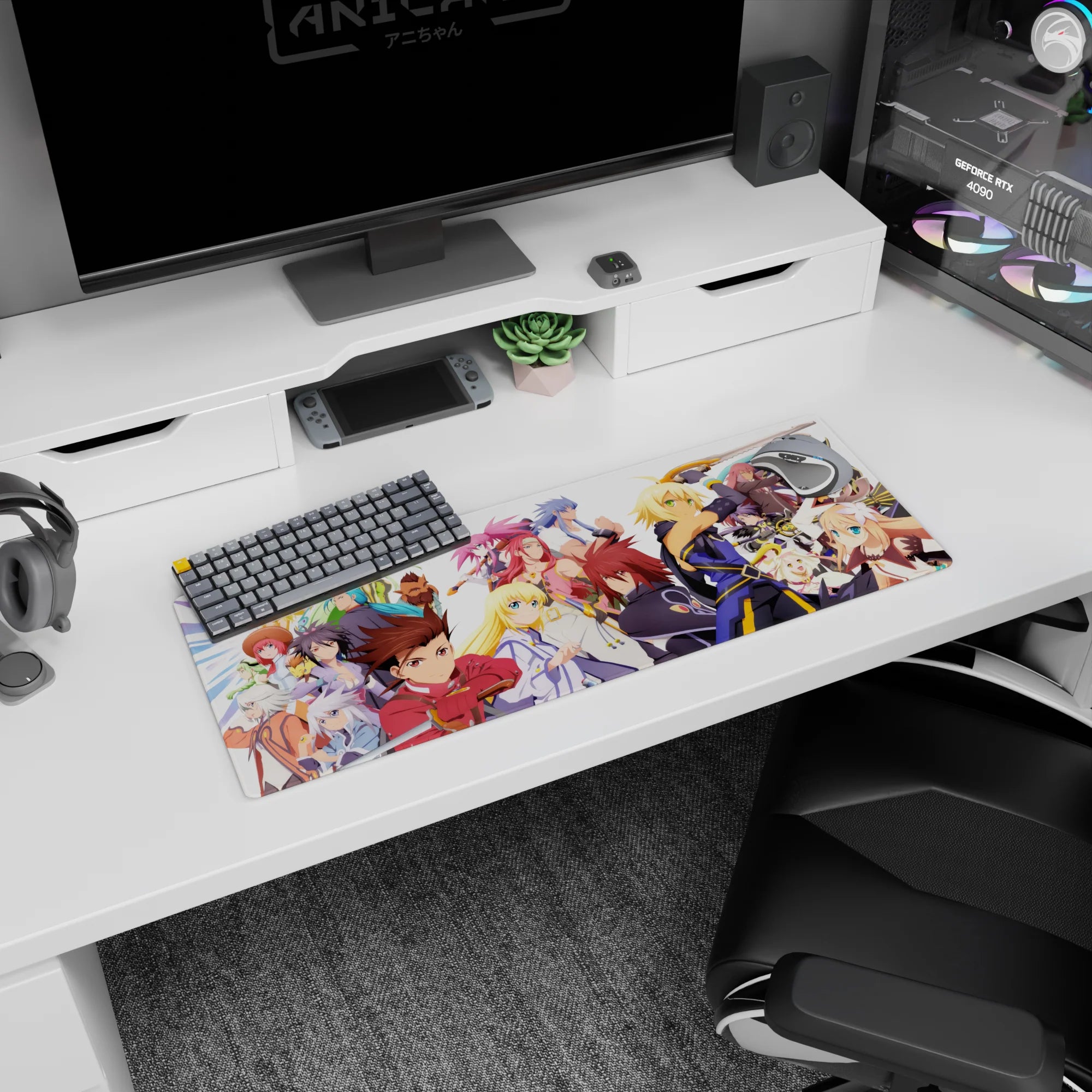 32x12 inches anime mouse pad showing heroes raising swords, capes flowing, eyes set, in a chaotic group scene.