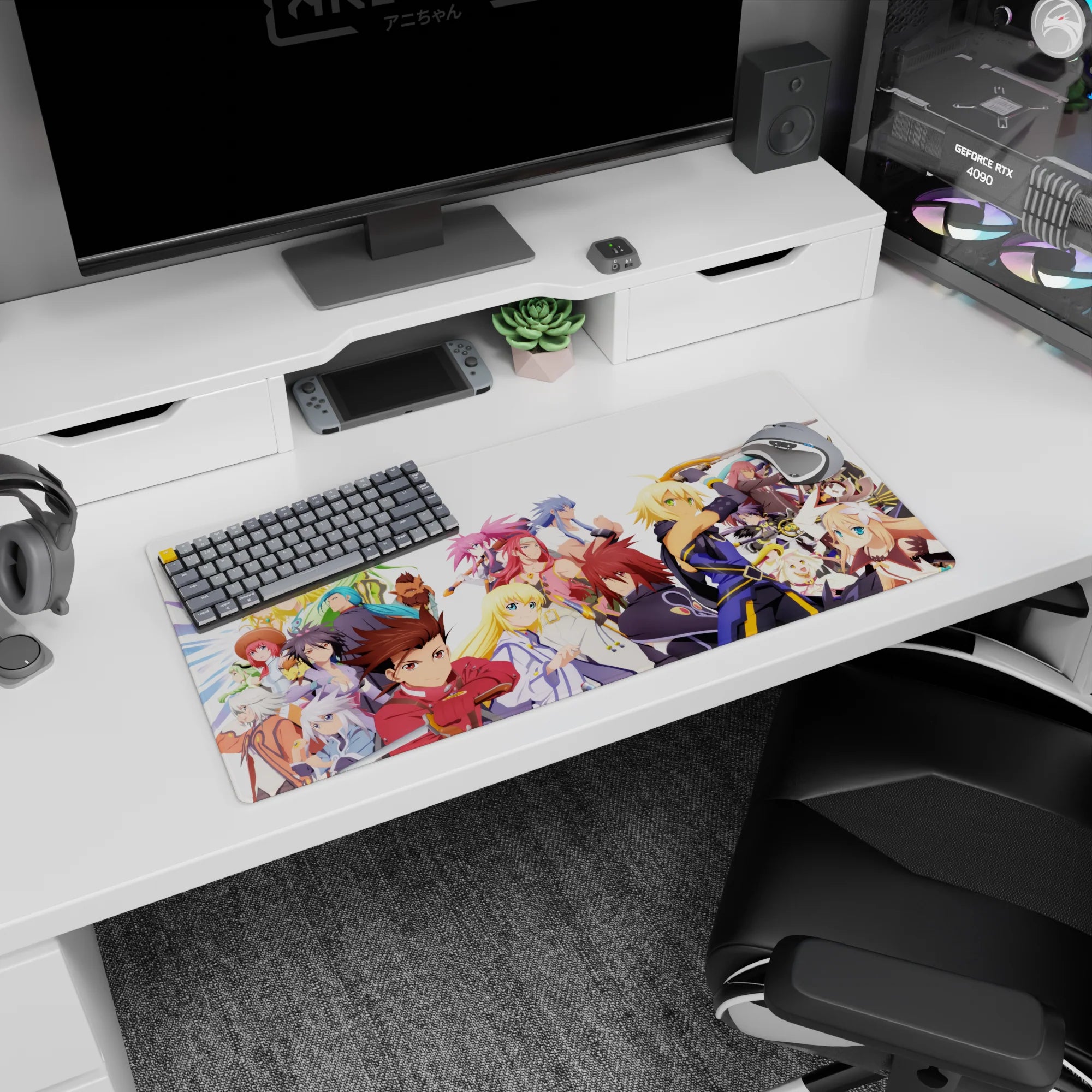 Anime mouse pad 32x16 inches showing determined heroes across the desk, blades raised, with playful side characters.