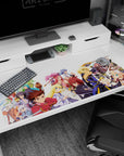 40x20 inches anime desk pad showing determined heroes left to right, swords up, side characters in chaos.