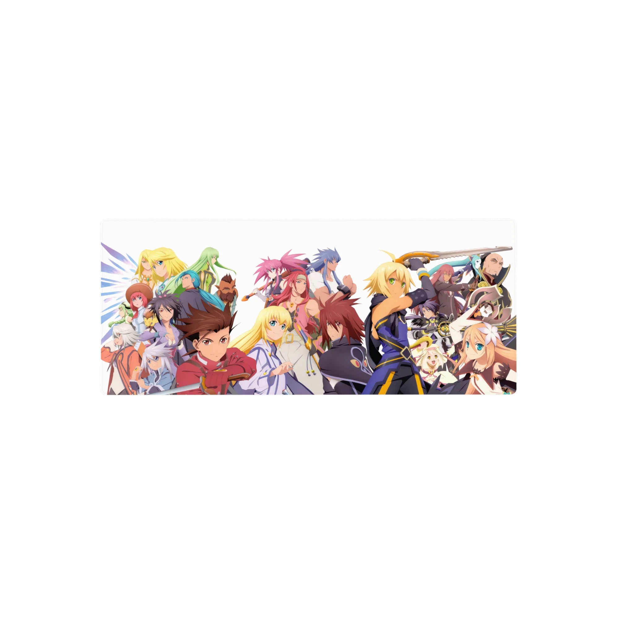 Anime mouse pad 28x12 inches with full party lineup, swords raised, capes flowing, poster-style scene.