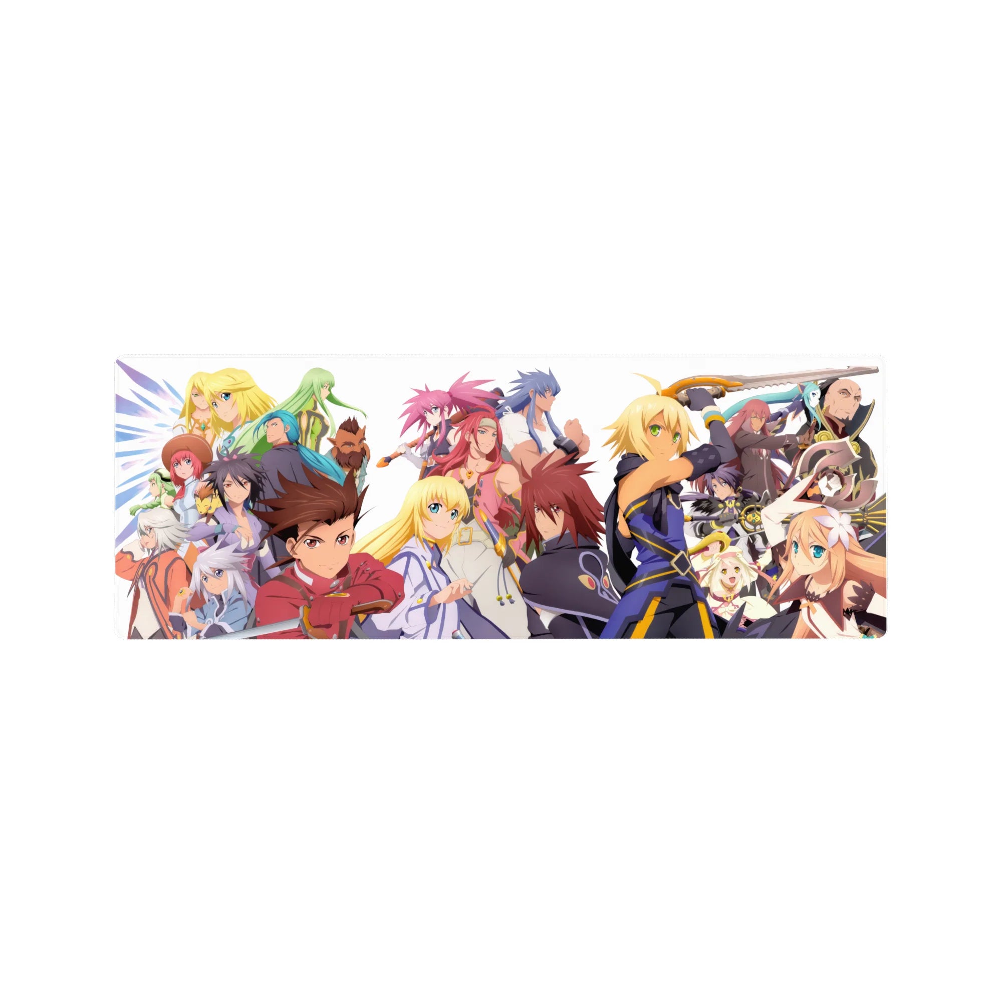 Anime mouse pad 32x12 inches featuring a full party lineup with swords, capes, and side characters.