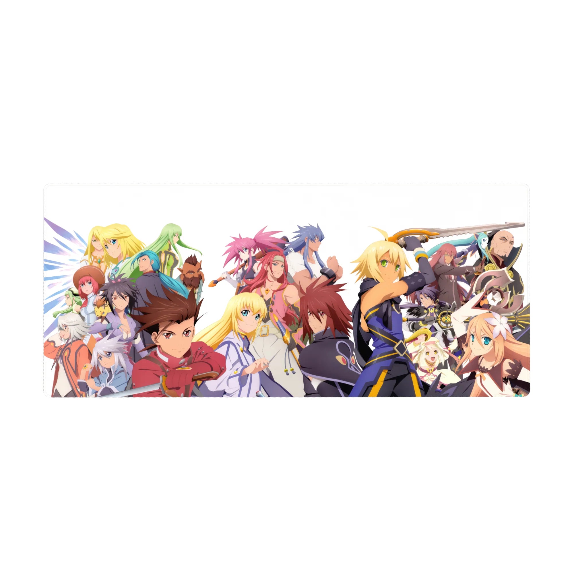 Anime desk pad 36x16 inches with a full party lineup, swords raised, capes flowing, poster-style art.