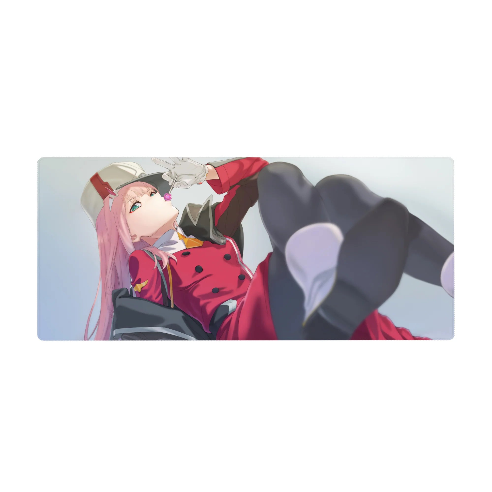 Mouse pad featuring Zero Two, 36x16 inches, with her lollipop and red uniform, capturing her effortless cool and rebellious charm.