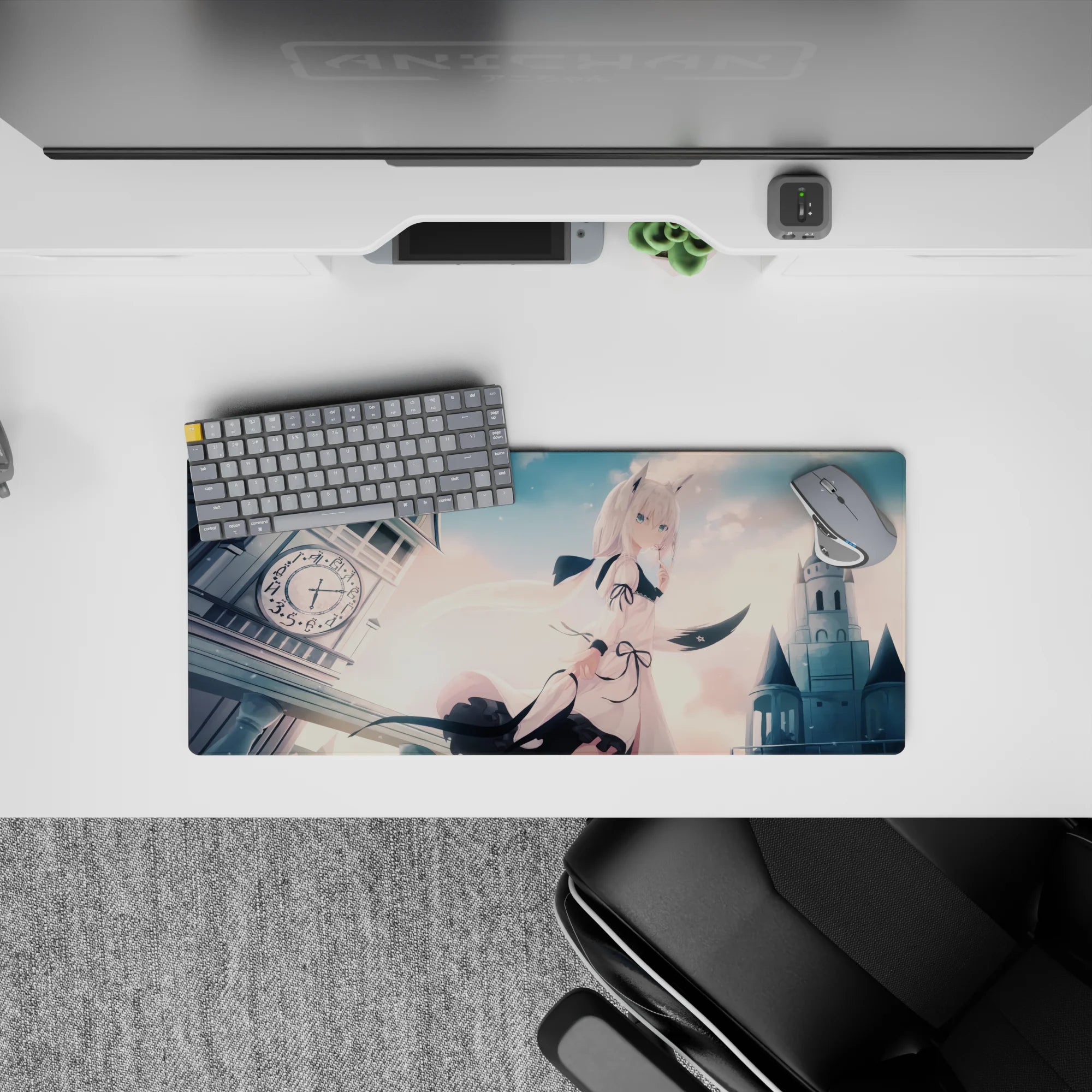 28x12 inches kawaii mouse pad in soft peach pastels and cool grays, dreamy calm fairytale desk decor.
