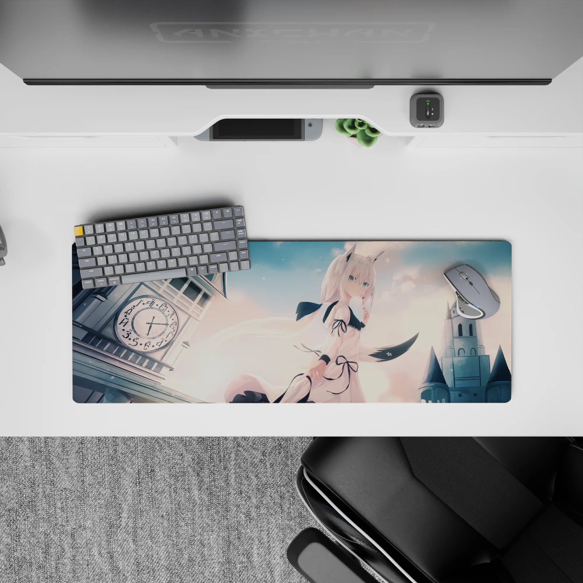 32x12 inches pastel peach and gray anime desk mouse pad, dreamy calm mood with soft blue-eyed girl.
