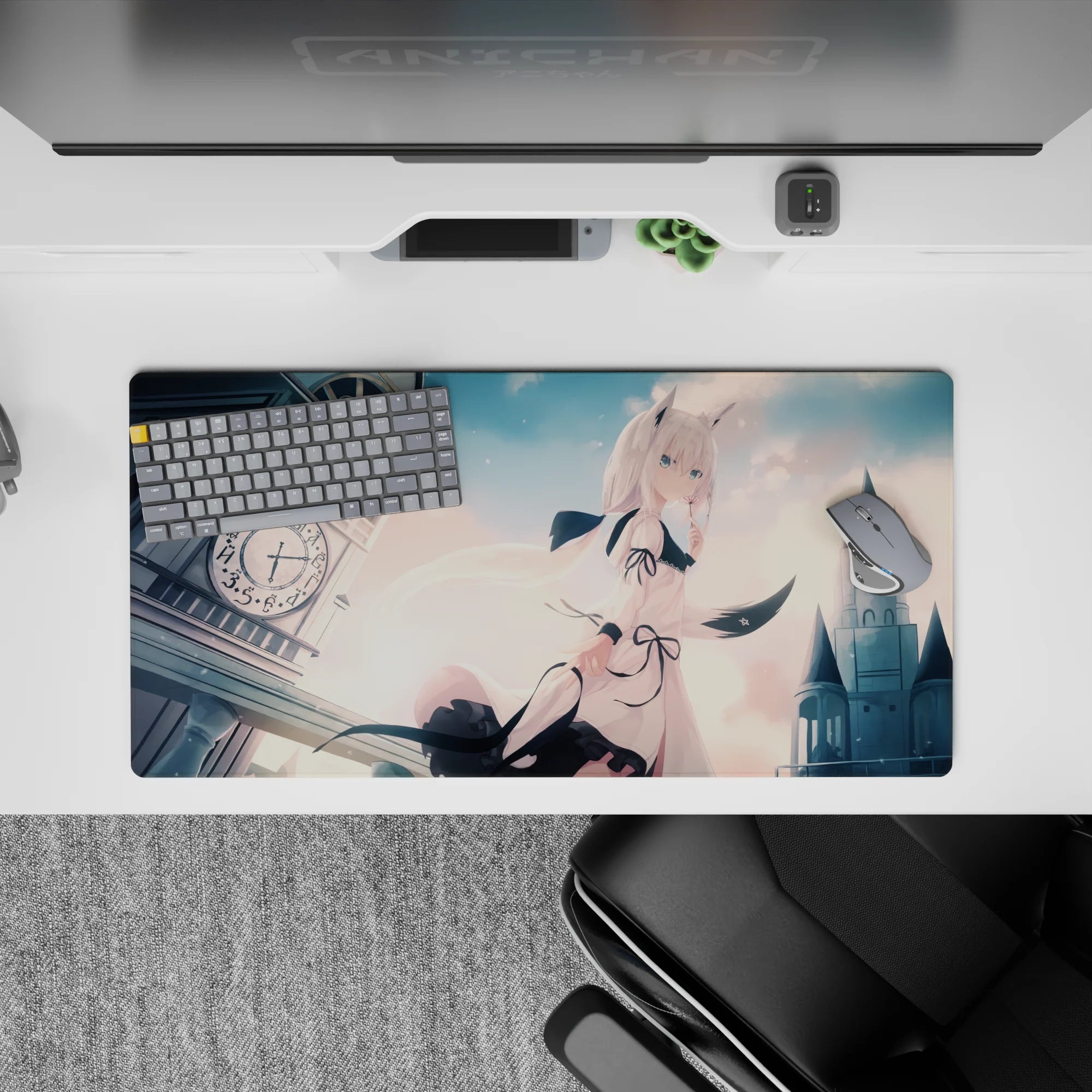 Pastel peach clouds and cool gray gothic skyline anime girl mouse pad 32x16 inches, calm dreamy mood.