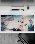 Pastel peach clouds and cool gray gothic skyline anime girl mouse pad 32x16 inches, calm dreamy mood.
