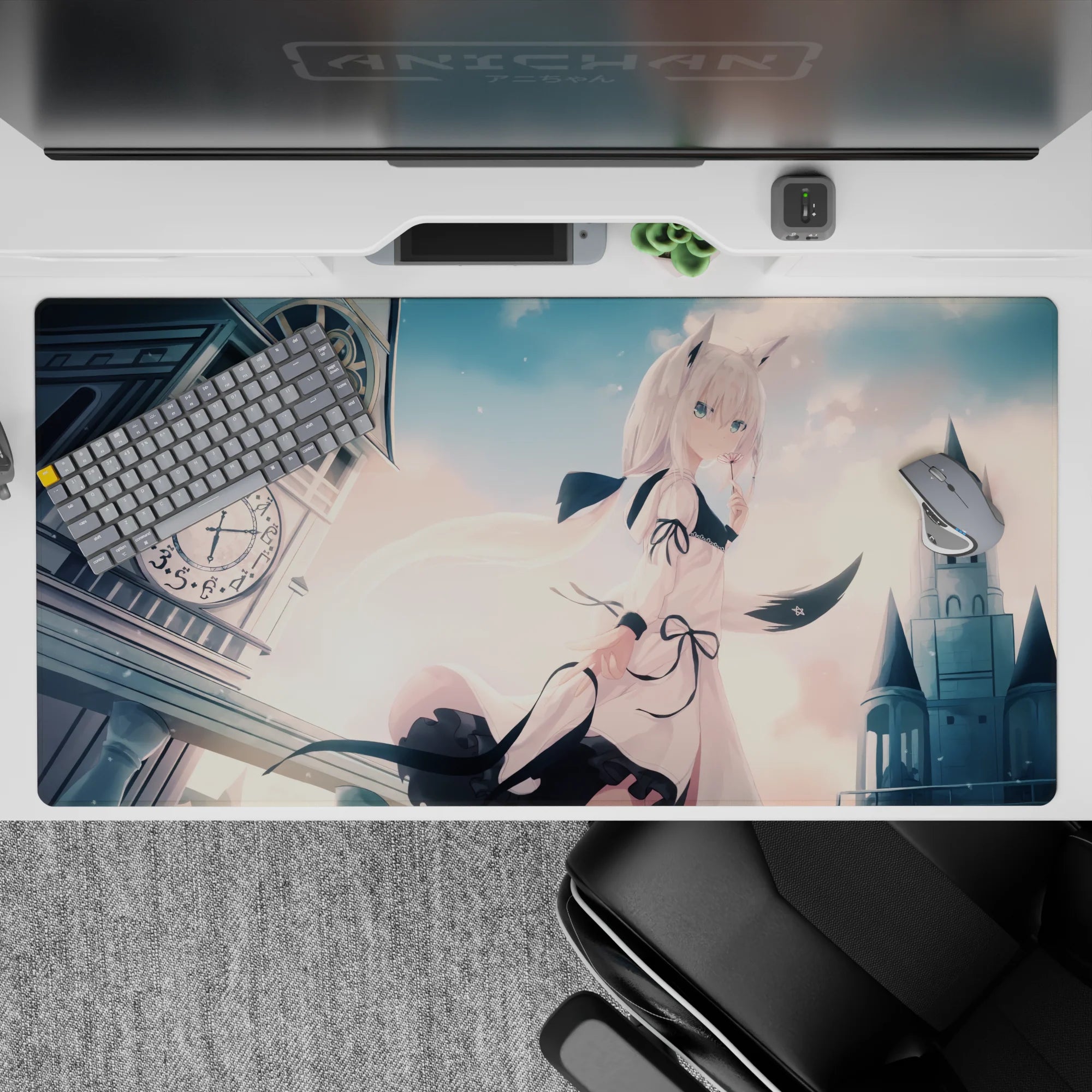 Pastel peach clouds and cool gray skyline anime desk pad 40x20 inches, calm dreamy fairytale mood.