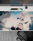 Pastel peach clouds and cool gray skyline anime desk pad 40x20 inches, calm dreamy fairytale mood.
