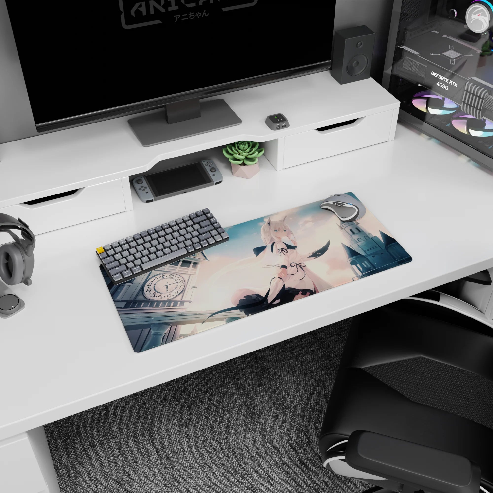 28x12 inches anime mouse pad featuring ivory-haired cat-eared girl with pale blue eyes in a castle skyline.