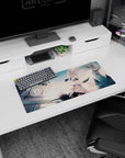 28x12 inches anime mouse pad featuring ivory-haired cat-eared girl with pale blue eyes in a castle skyline.