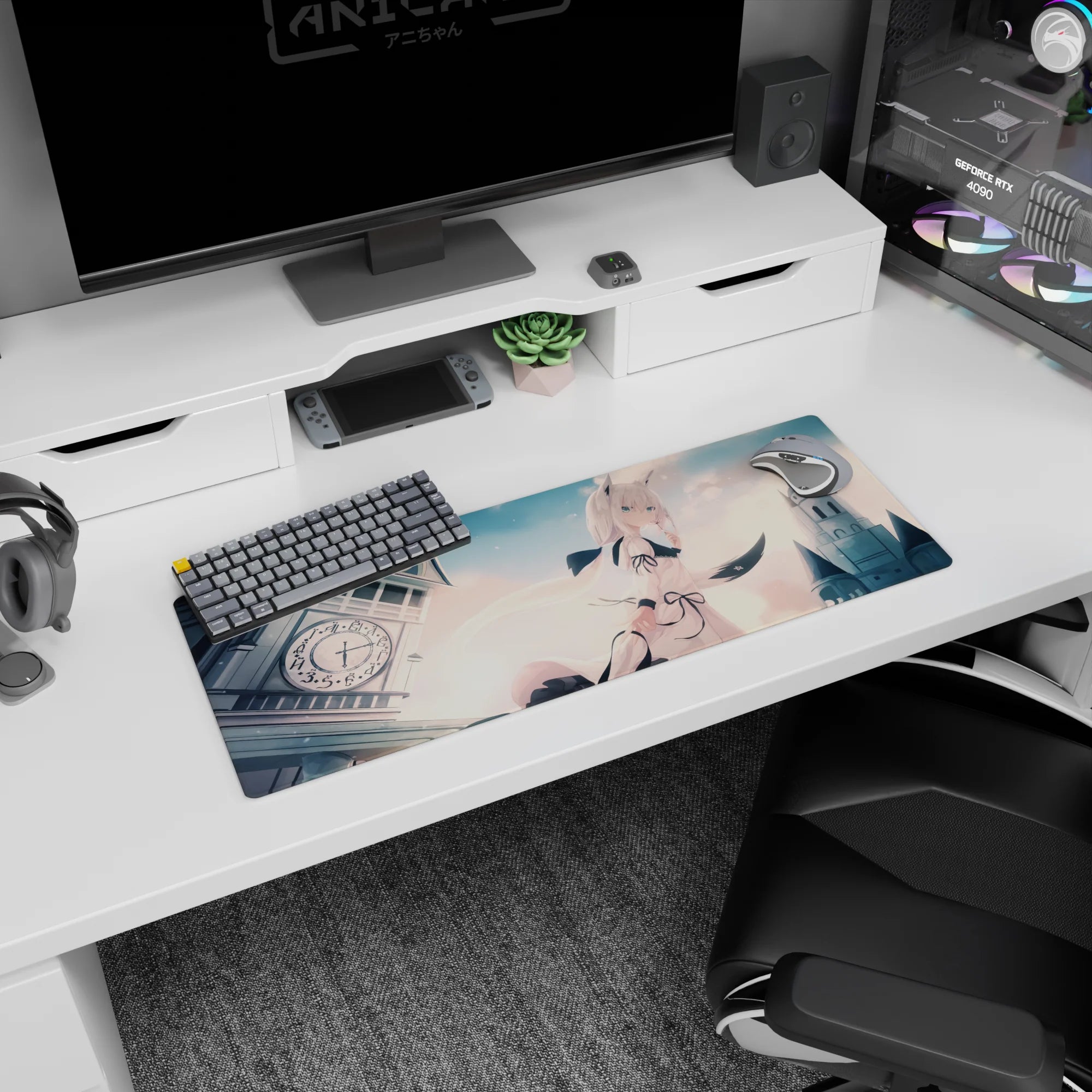 32x12 inches anime mouse pad featuring ivory-haired catgirl with flowing ribbons before a gothic clocktower.