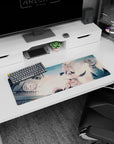 32x12 inches anime mouse pad featuring ivory-haired catgirl with flowing ribbons before a gothic clocktower.