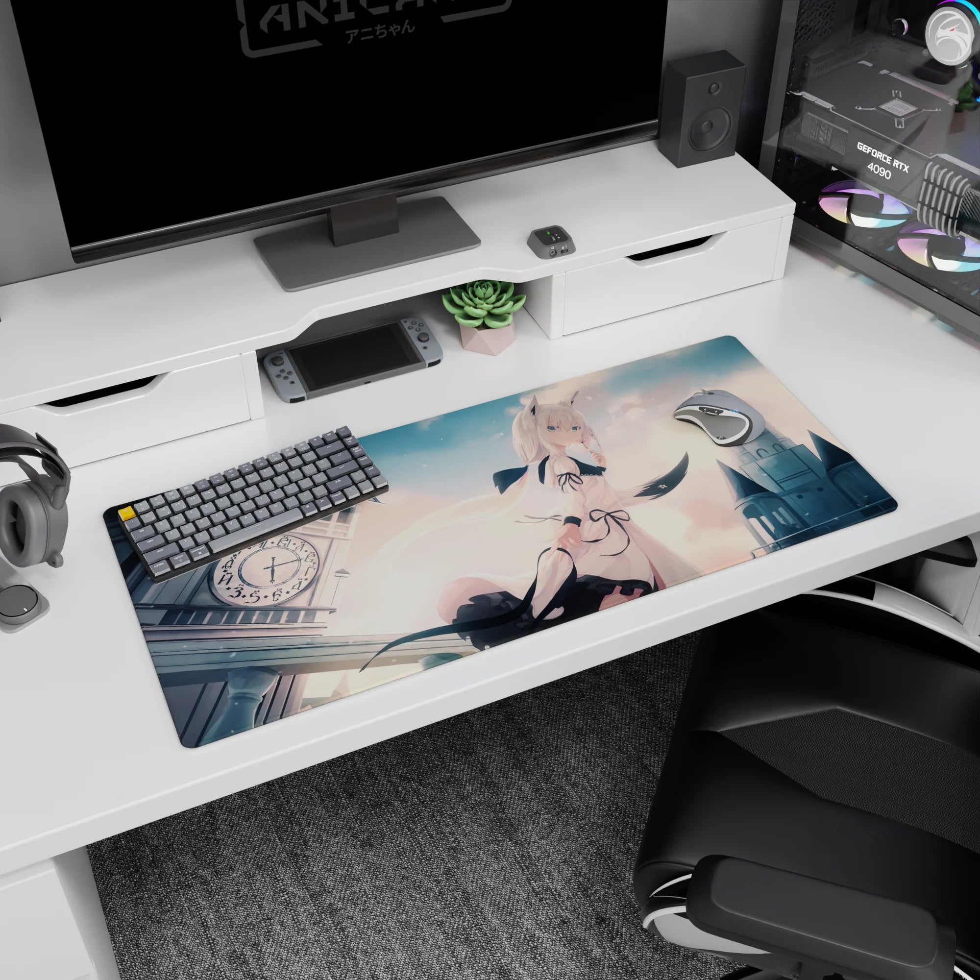 Anime girl with pale blue eyes, cat ears, and flowing ribbons before a clocktower skyline desk pad 36x16 inches.