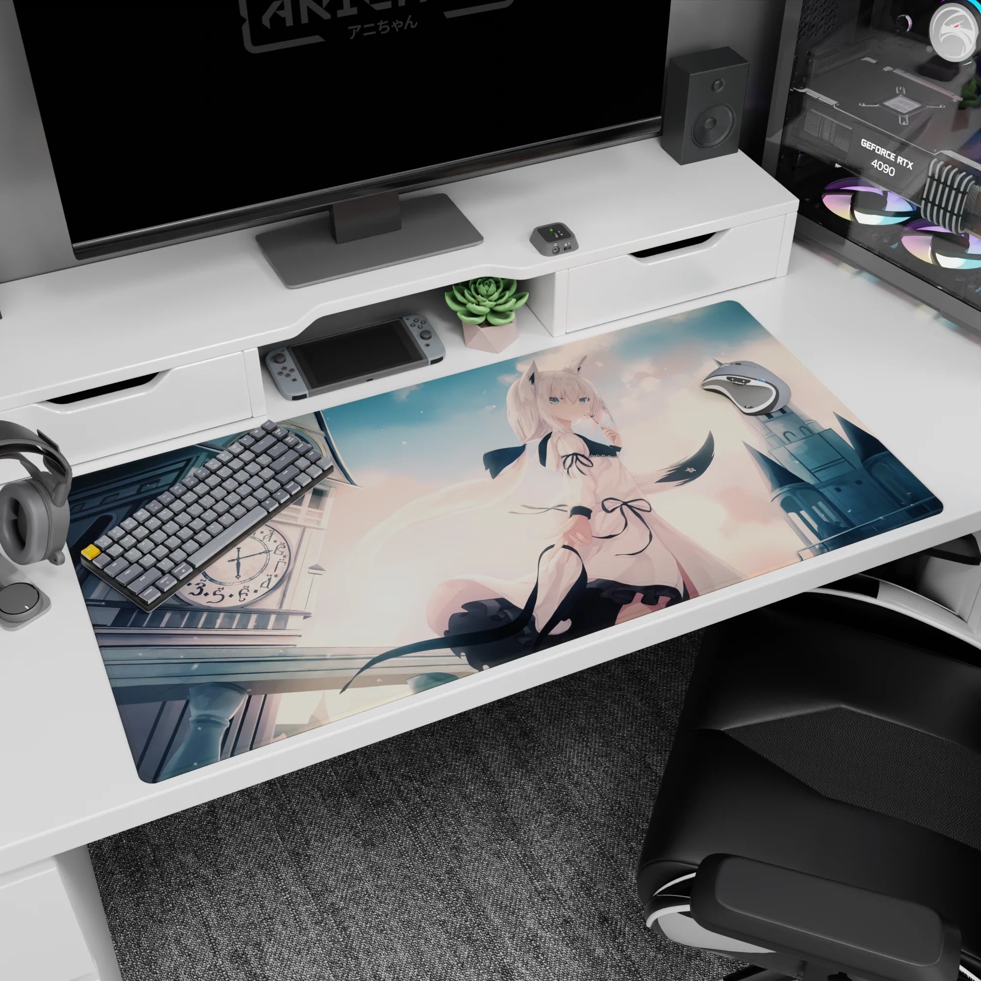 Ivory-haired cat-eared anime girl with pale blue eyes on desk pad 40x20 inches, shy glance in clouds.