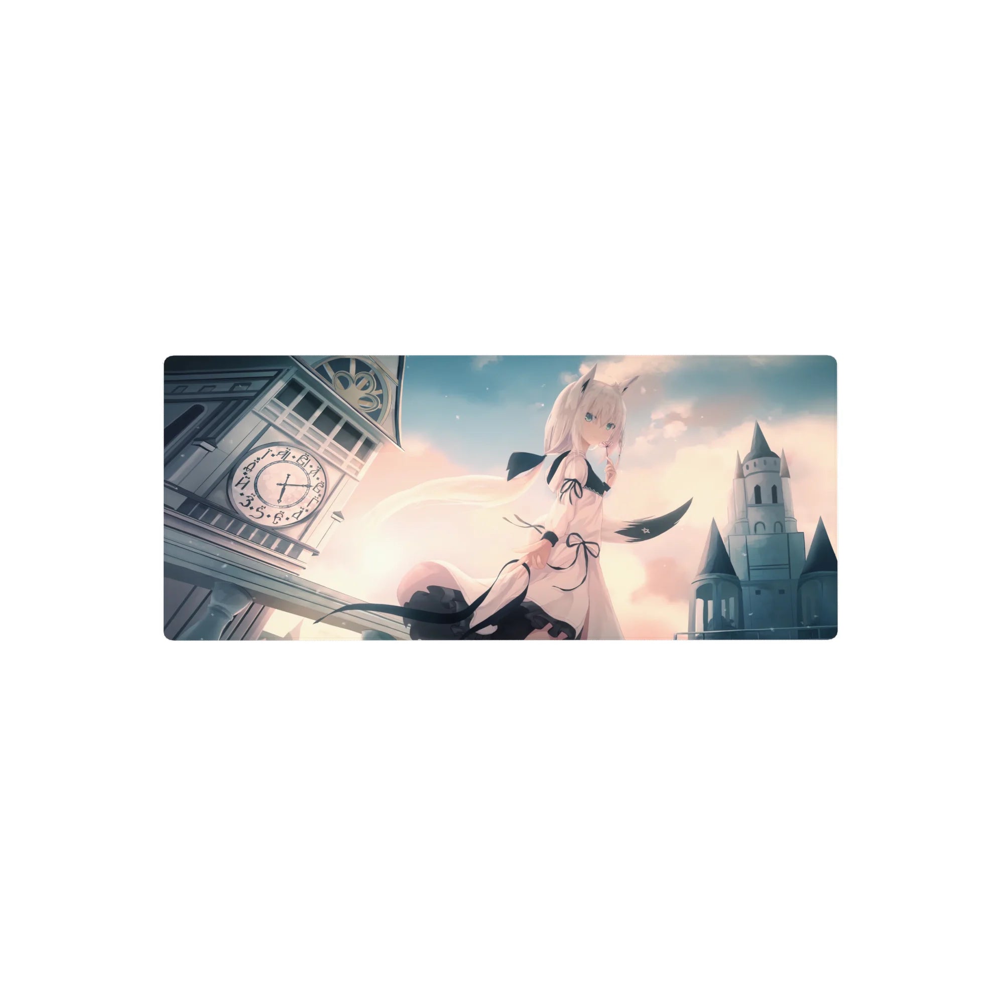 28x12 inches anime girl mouse pad with cat ears, ribbons, pastel clouds, clocktower and castle skyline.