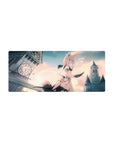28x12 inches anime girl mouse pad with cat ears, ribbons, pastel clouds, clocktower and castle skyline.