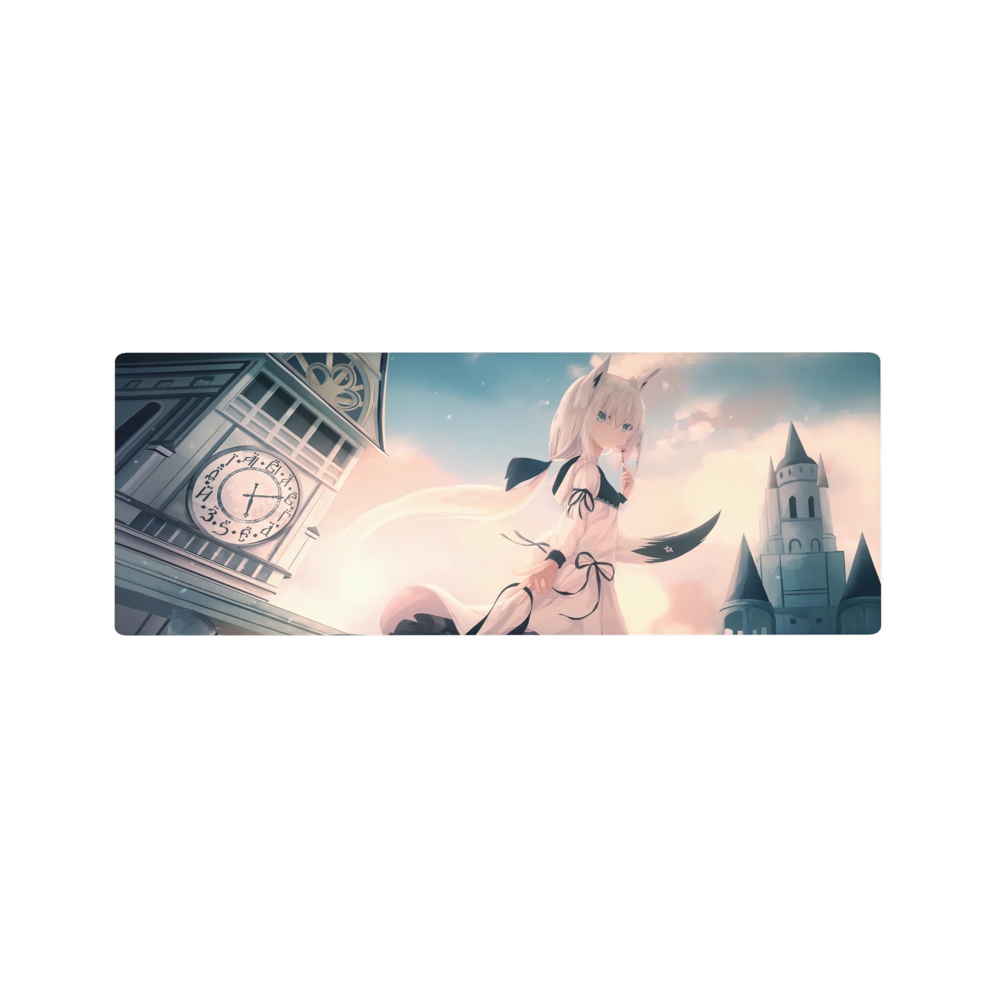 32x12 inches anime girl mouse pad with cat ears, ribbons, pastel clouds, clocktower and castle skyline.