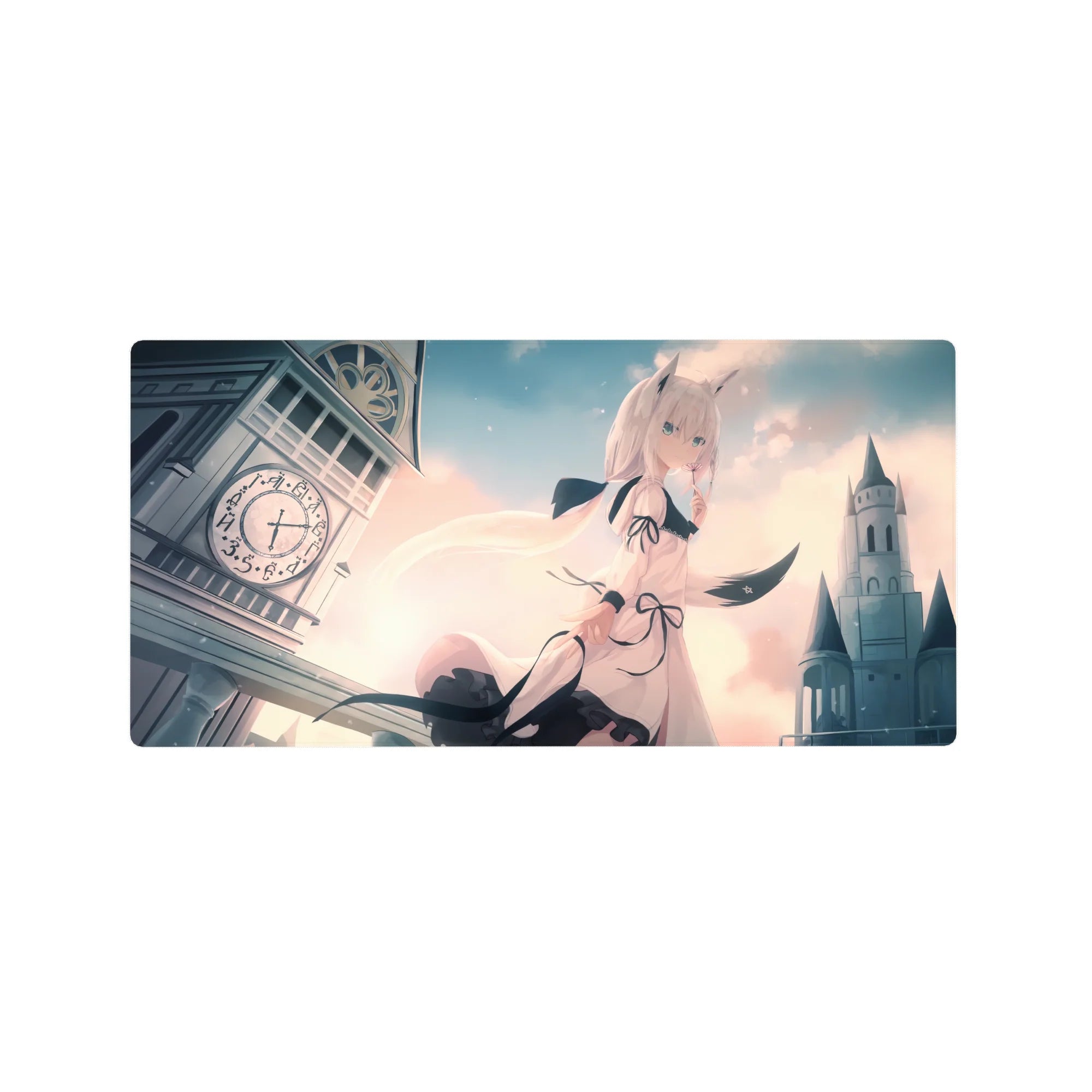 Anime girl mouse pad 32x16 inches with cat ears, ivory hair, ribbons, clocktower and castle skyline.