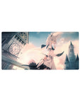 Anime girl mouse pad 32x16 inches with cat ears, ivory hair, ribbons, clocktower and castle skyline.