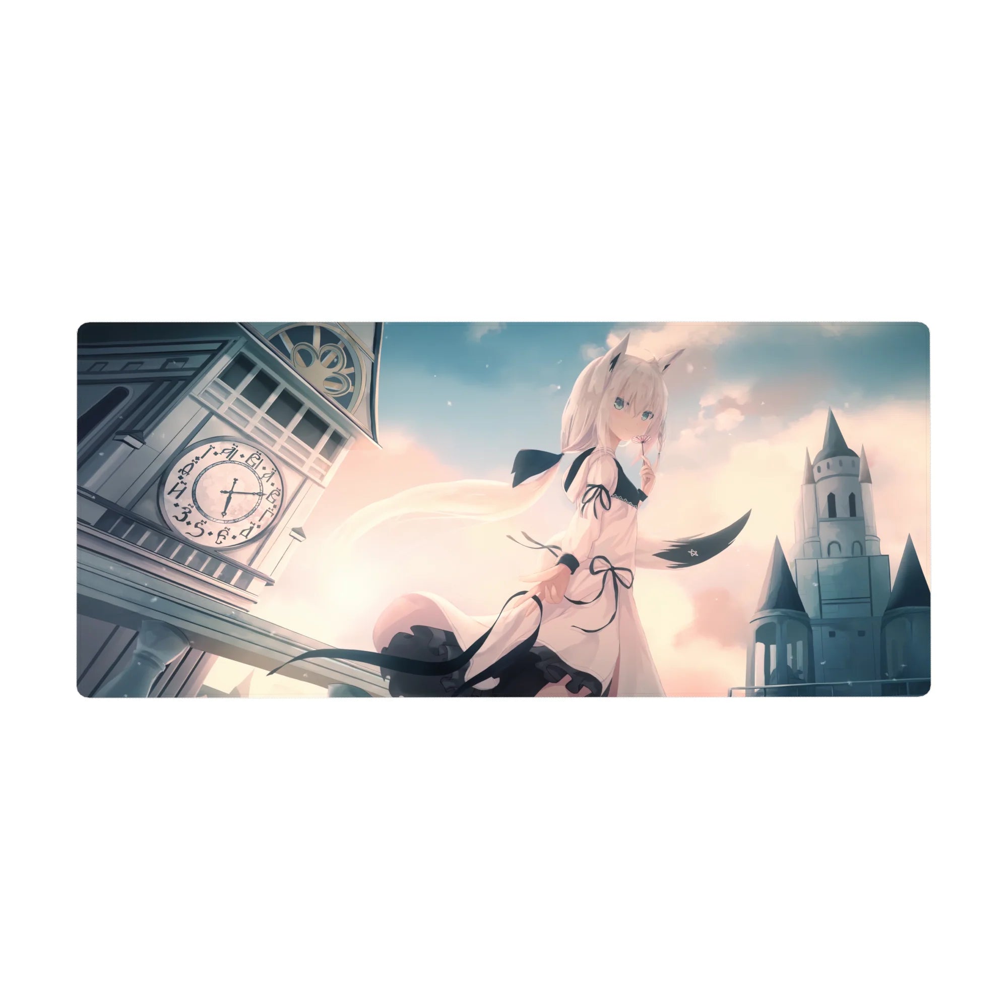 Anime girl desk pad 36x16 inches with cat-eared ivory hair, ribbons, clocktower, and castle skyline.