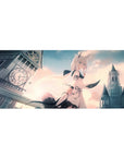 Anime girl desk pad 36x16 inches with cat-eared ivory hair, ribbons, clocktower, and castle skyline.