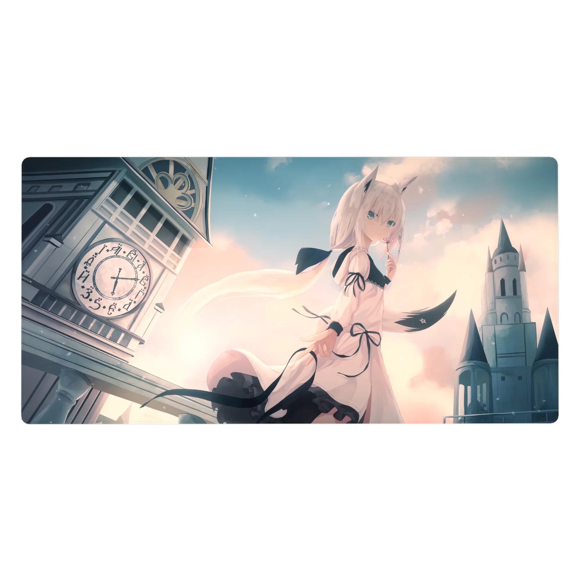 Anime girl desk pad 40x20 inches with cat ears, ribbons, clocktower skyline, and castle silhouette.