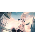 Anime girl desk pad 40x20 inches with cat ears, ribbons, clocktower skyline, and castle silhouette.