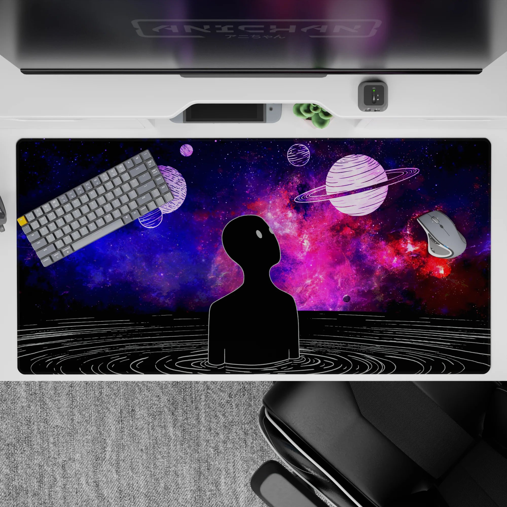 Midnight blue and neon purple desk pad 40x20 inches with pink galaxy dust, calm late-night vibe.