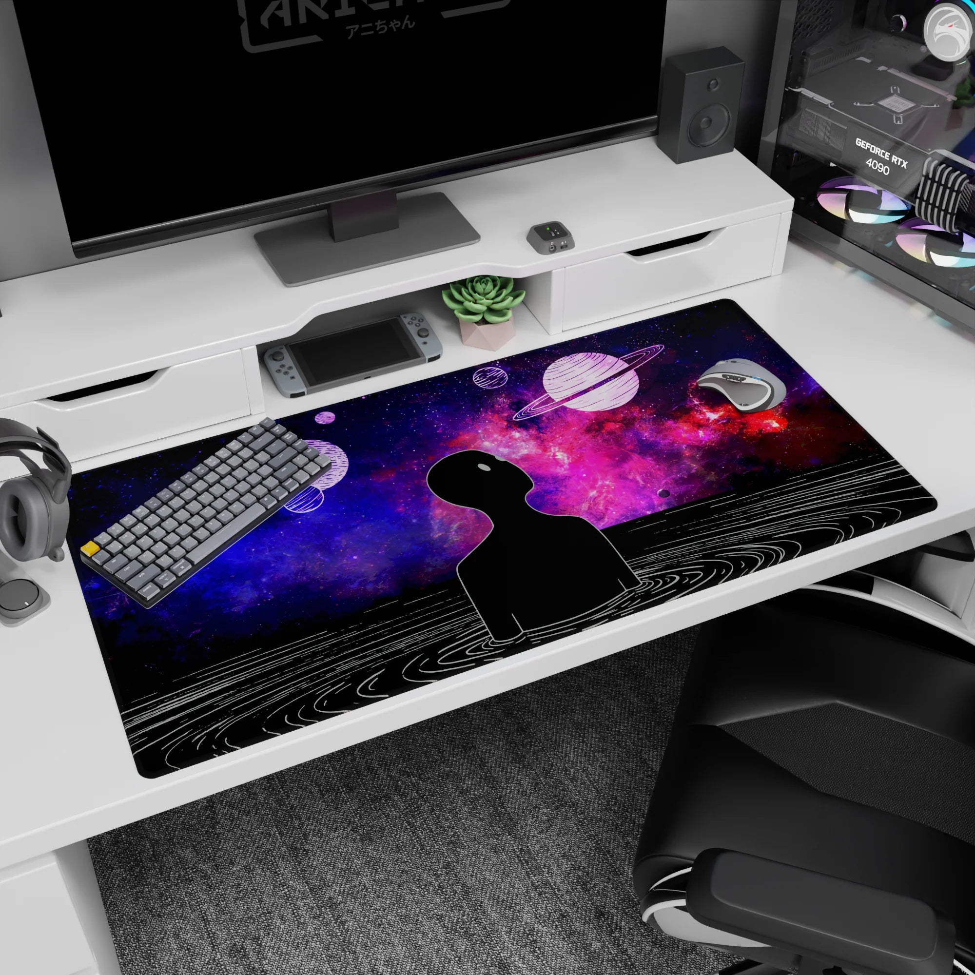 Floating figure above cosmic waves desk pad 40x20 inches with doodled planets in dreamy space scene.