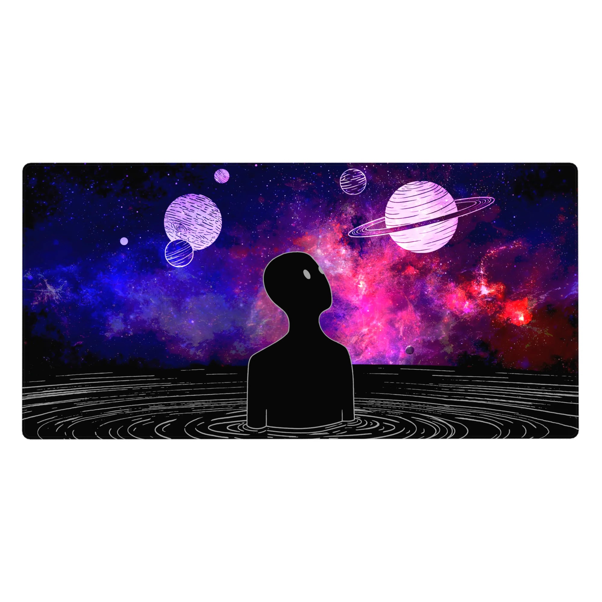 Galaxy doodle desk pad 40x20 inches with hand-drawn planets, rippling lines, and a floating silhouette.