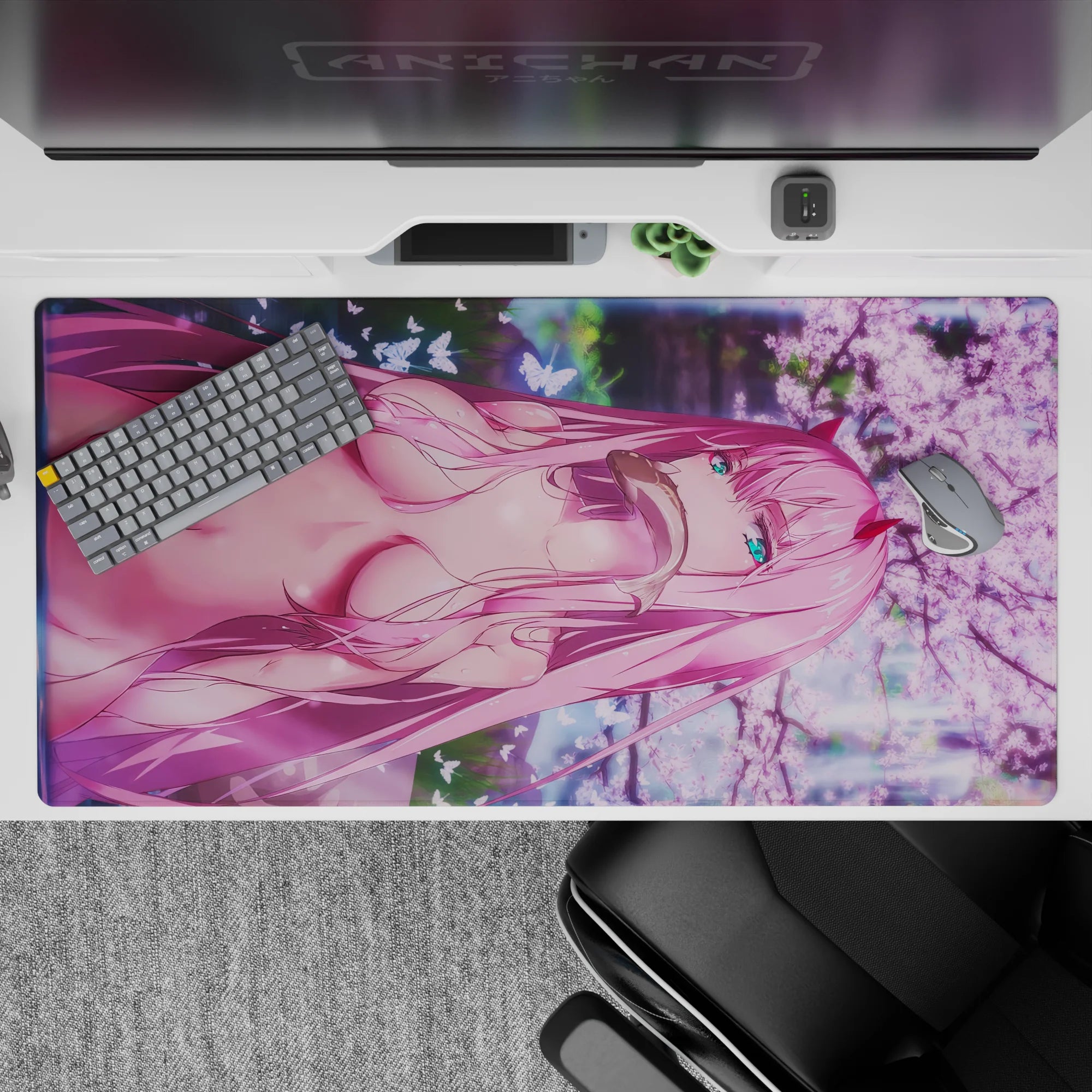 40x20 inches mouse pad showcasing Zero Two with cherry blossoms and dreamy light effects for a serene, nostalgic design.