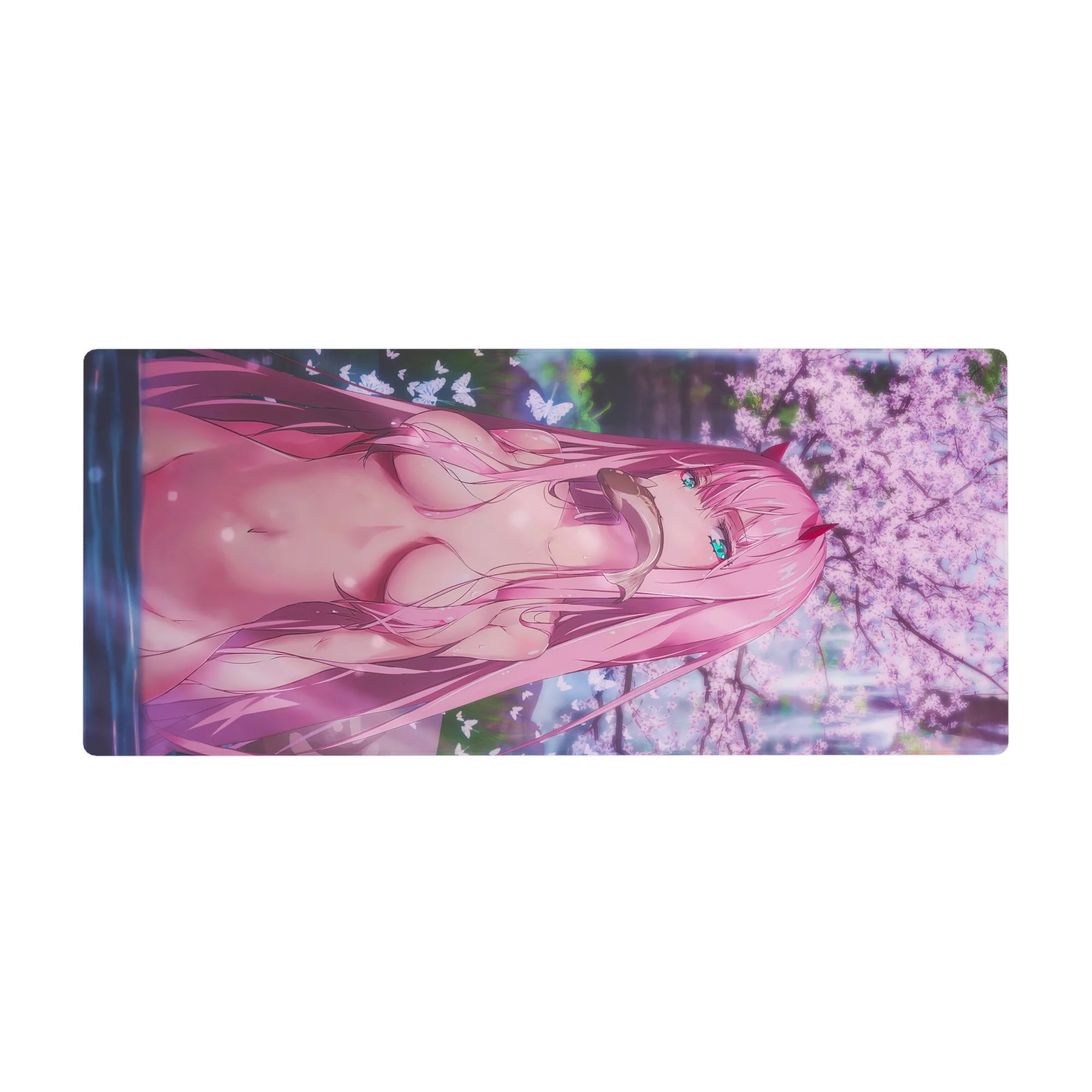 Mouse pad featuring Zero Two, 36x16 inches, with pink cherry blossoms and dreamy light effects for a serene, elegant desk atmosphere.