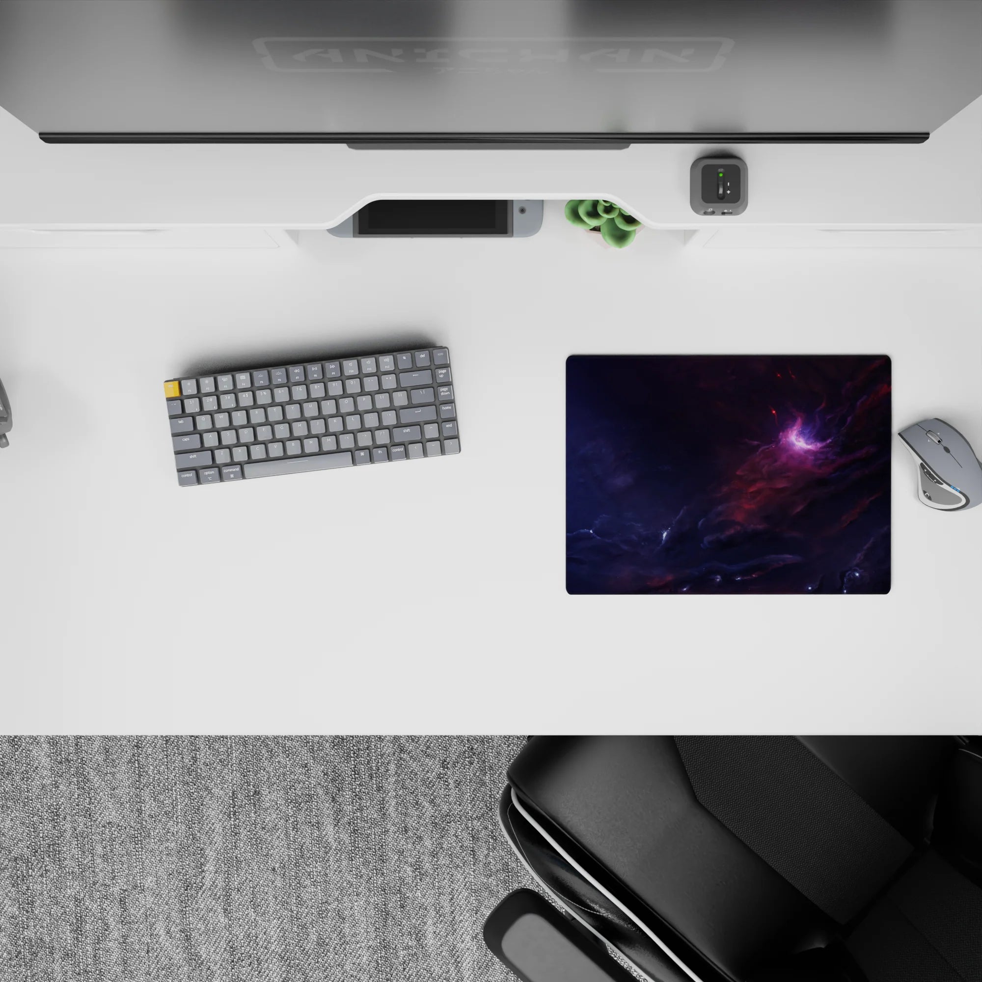 Cozy late-night 14x10 inches mouse pad in deep navy and smoky purple with a calm, dreamy pink glow.