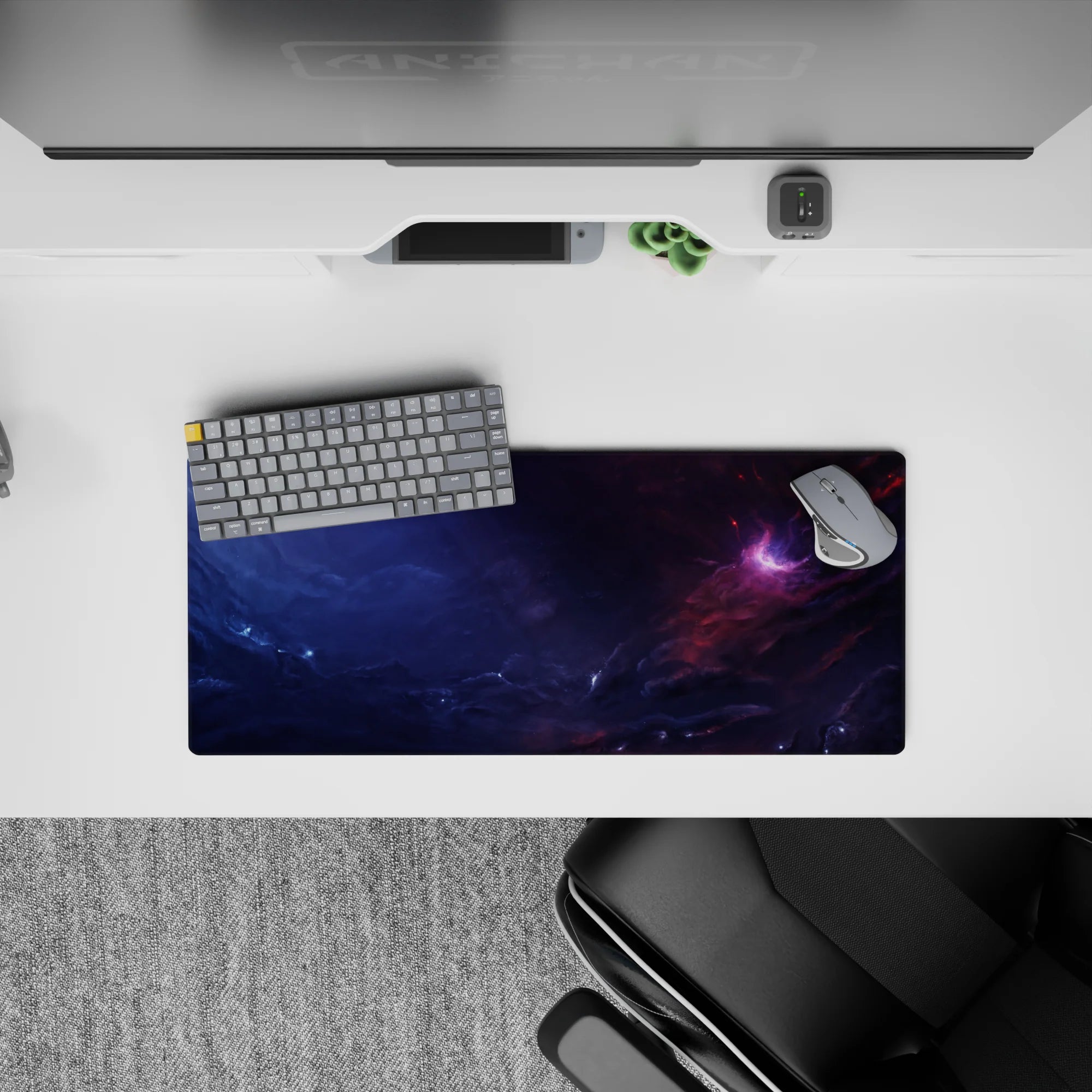 Moody 28x12 inches mouse pad in deep navy and smoky purple with soft pink nebula for cozy nights.