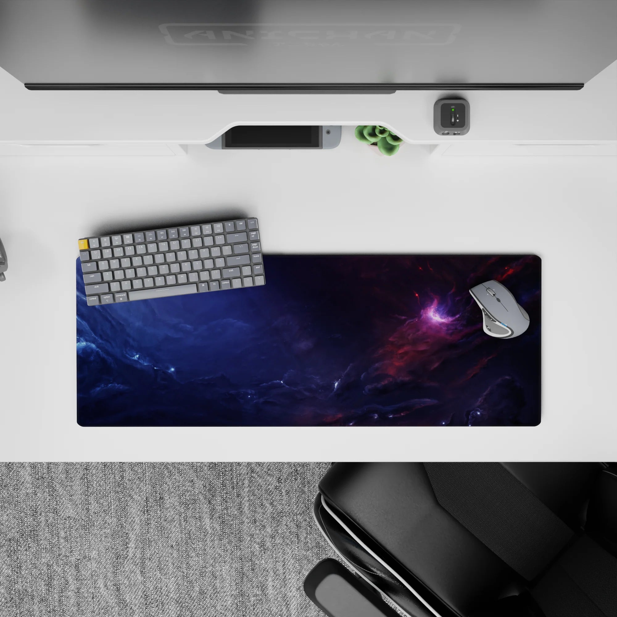 Moody navy and smoky purple mouse pad 32x12 inches with soft pink nebula, calm dramatic vibe.