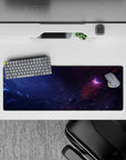 Moody navy and smoky purple mouse pad 32x12 inches with soft pink nebula, calm dramatic vibe.